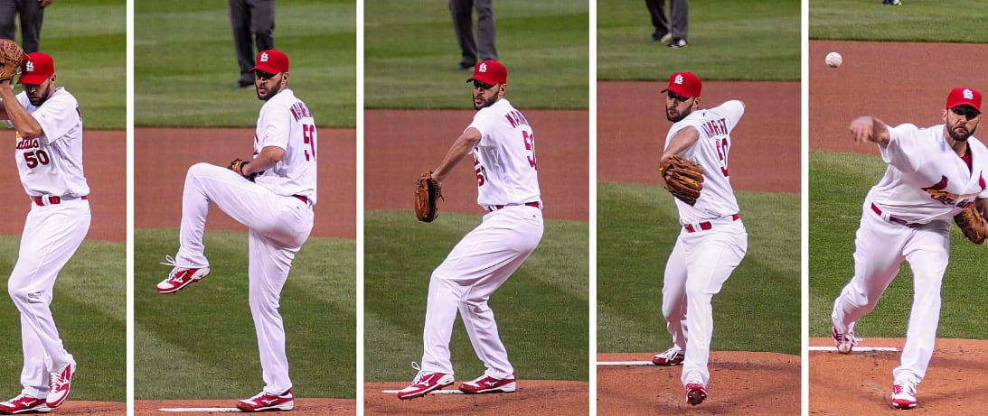 Adam Wainwright's pitching motion from 2016. (Credit: Wikimedia/Johnmaxmena2/CC BY-SA 4.0)